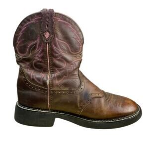 Justin Gypsy Brown Leather Pink Stitching Round Toe Shortie Cowboy Boots 8B